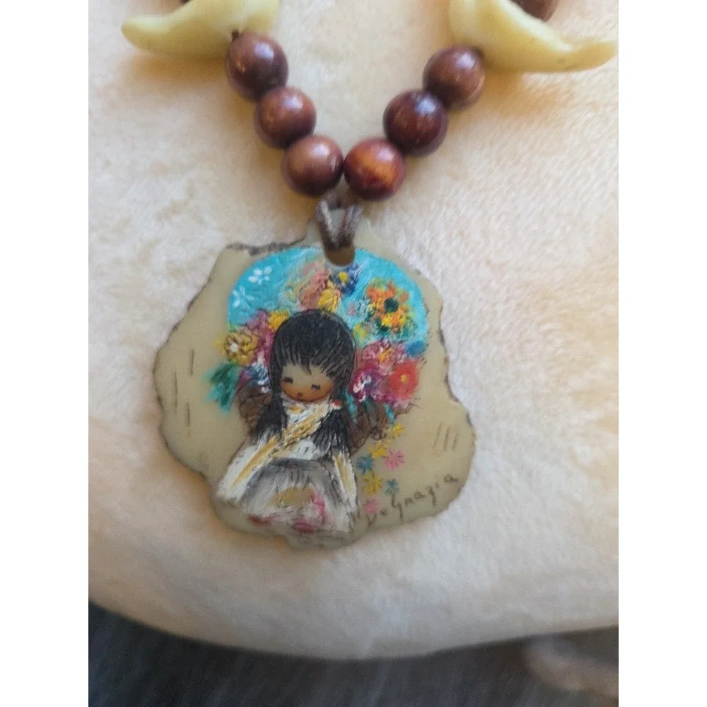 Vintage DeGrazia Hand Painted Pendant Necklace Native Girl with Flowers Brids - Picture 3 of 7